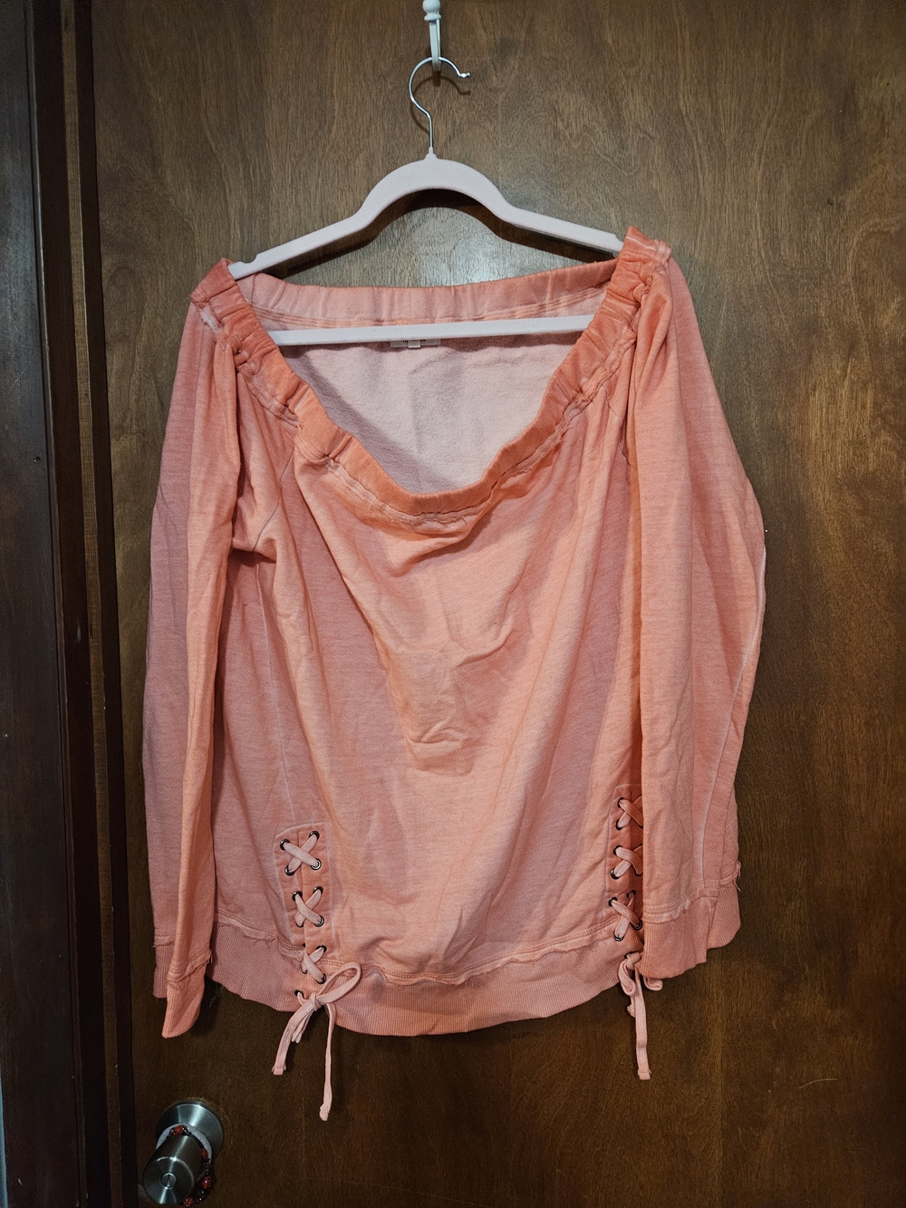 Maurices Coral Pink Off-Shoulder Lace-Up Sweatshirt